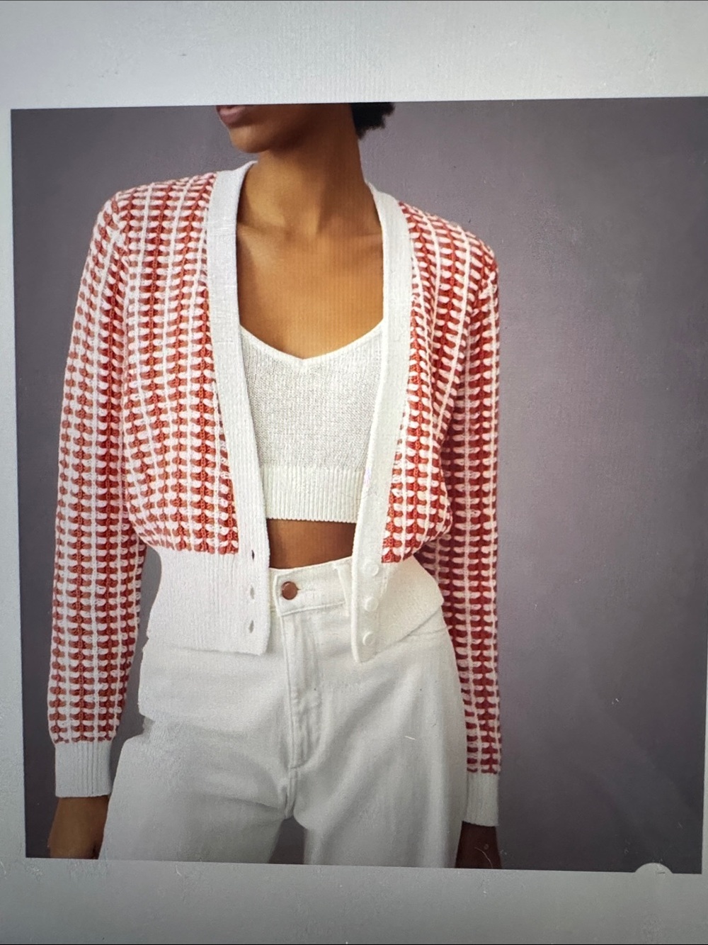 Anthropologie Coral and Cream Cropped Knit Cardigan